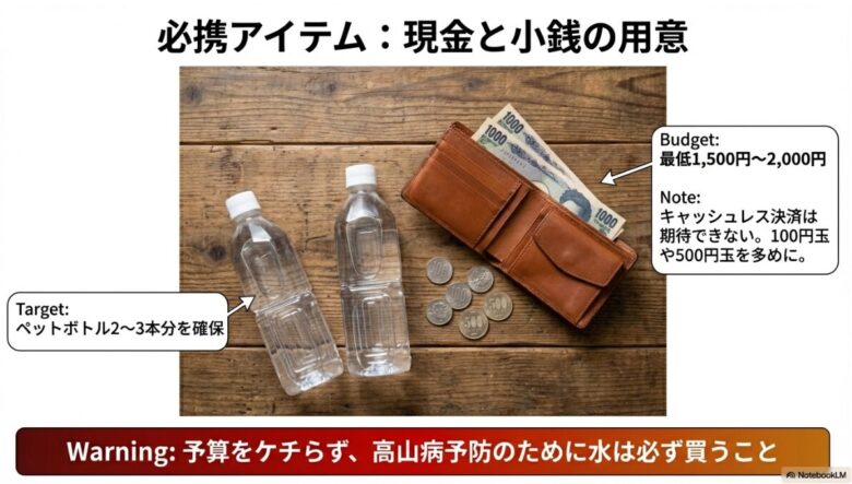 ペットボトル2〜3本分を確保するための予算（1,500円〜2,000円）と、キャッシュレス不可を想定した100円・500円玉の準備を促すイラスト。