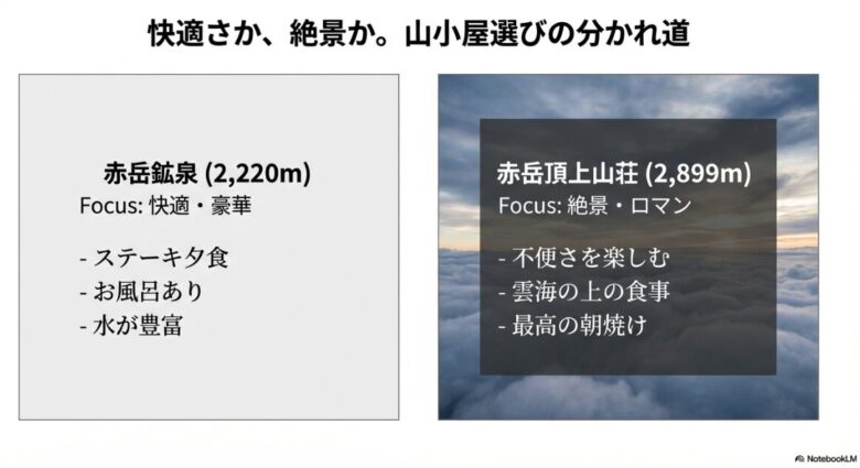 ステーキやお風呂がある快適な赤岳鉱泉（2,220m）と、雲海や朝焼けを楽しむロマン重視の赤岳頂上山荘（2,899m）の比較表。