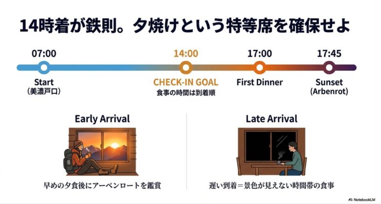 到着順に食事が割り振られるため、14時到着を目指すことで、夕食後にアーベンロート（夕焼け）を鑑賞できるメリットを示すタイムライン図。