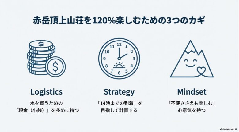 水を買うための小銭、14時到着の戦略、不便ささえも楽しむ心意気の3つのポイントをまとめたスライド。
