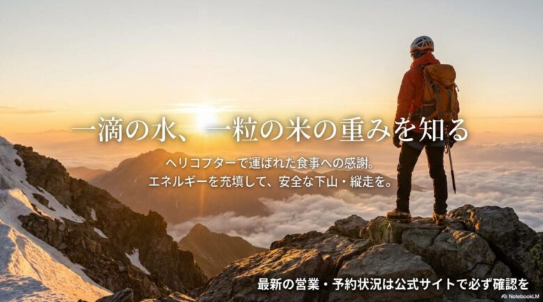 ヘリコプターで運ばれた食材への感謝。最新の営業・予約状況を公式サイトで確認することを促すメッセージ。