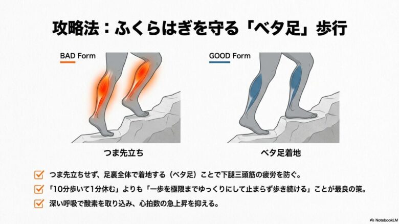 階段を登る際、つま先立ち（悪い例）と足裏全体での着地（良い例）を比較し、ふくらはぎの疲労を防ぐ歩行法を解説するイラスト。