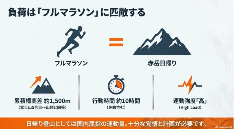 赤岳日帰り登山は、累積標高差約1,500m、行動時間約10時間に及び、運動強度がフルマラソンに匹敵することを示す比較図。