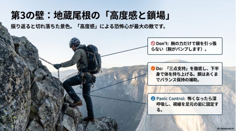 地蔵尾根の高度感による恐怖心への対策。三点支持の徹底、腕のパンプを防ぐ方法、パニックを抑える深呼吸について解説したスライド。