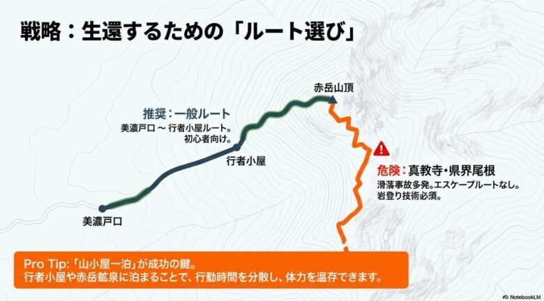 美濃戸口からの一般推奨ルートと、滑落事故が多発する危険な真教寺・県界尾根を比較し、山小屋一泊による体力温存を推奨するマップスライド。