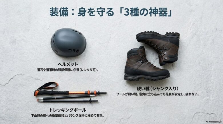 頭部を守るヘルメット、膝への衝撃を和らげるトレッキングポール、岩場で安定するシャンク入りの硬い靴の3点を紹介する装備解説スライド。