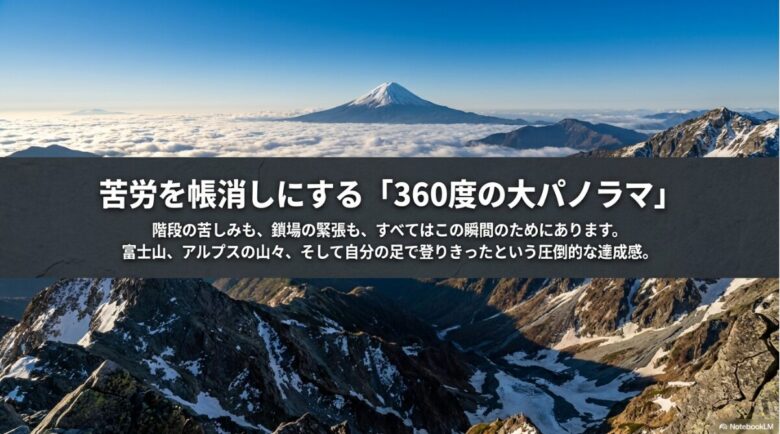 階段や鎖場の苦しみを超えた先にある、富士山やアルプスを望む圧倒的な達成感を強調するイメージスライド