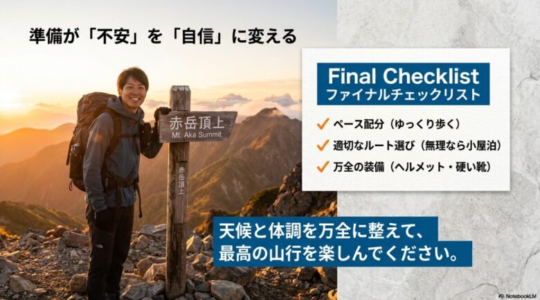 ペース配分、ルート選び、万全の装備の3点をまとめ、不安を自信に変えて最高の山行を楽しむための最終確認スライド。
