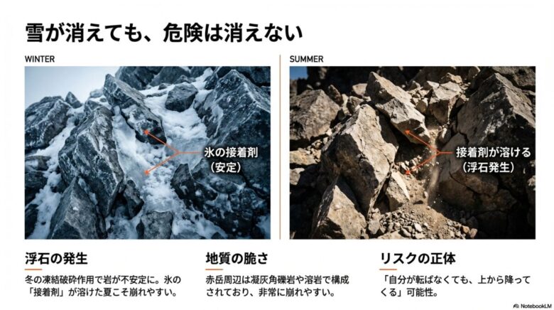 冬は氷が岩を固定しているが、夏は氷が溶けて岩が不安定な「浮石」になる様子を比較した画像。凝灰角礫岩や溶岩の脆さを説明
