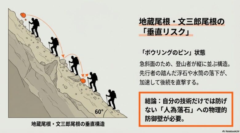 急斜面で登山者が縦に並ぶ「ボウリングのピン」状態のイラスト。先行者の落石や落下物が加速して後続を直撃するリスクを説明。