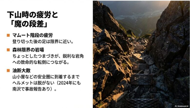 険しい階段が続く登山道の写真。「魔の段差」や下山時の疲労が鋭利な岩角への致命的な転倒につながるリスクを警告。