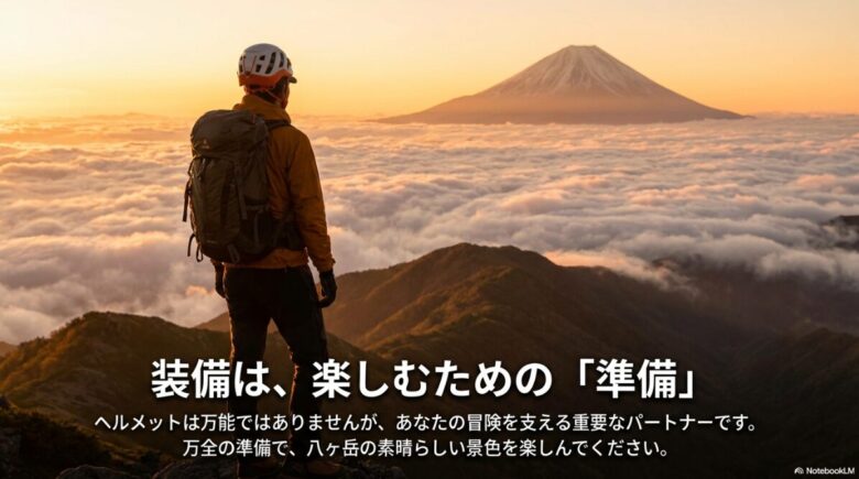 「装備は、楽しむための準備」というメッセージ。万全の準備で八ヶ岳の景色を楽しむよう促す締めくくりのスライド。