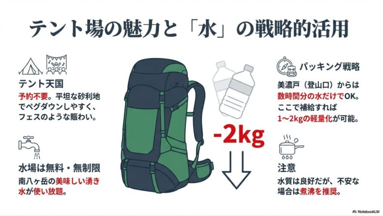 予約不要のテント場の魅力と、無料の水場を利用してザックを1〜2kg軽量化するパッキング戦略をイラストで解説したスライド。