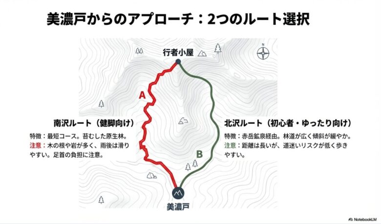 美濃戸から行者小屋へ至る南沢ルート（健脚向け）と北沢ルート（初心者向け）のルートマップと特徴を比較したスライド。