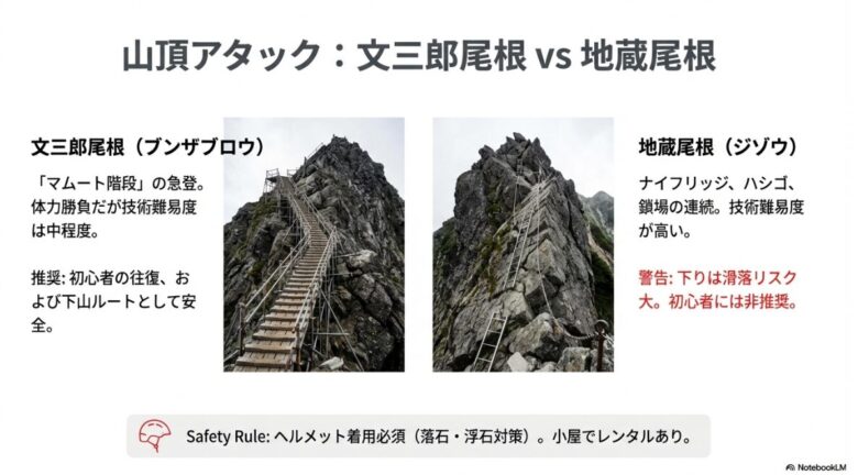 文三郎尾根の階段と地蔵尾根の鎖場の写真、それぞれの難易度、推奨ルート、ヘルメット着用必須のルールを解説したスライド。