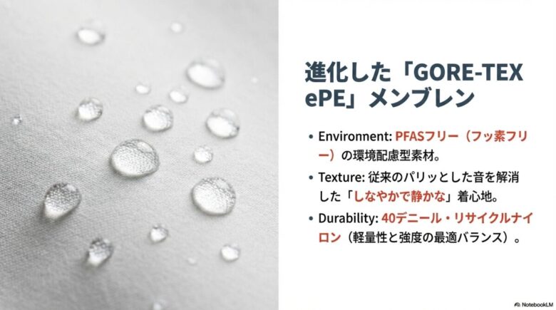 環境配慮（PFASフリー）、しなやかな質感、40デニールの耐久性など、ePEメンブレンのメリットをまとめた解説スライド。
