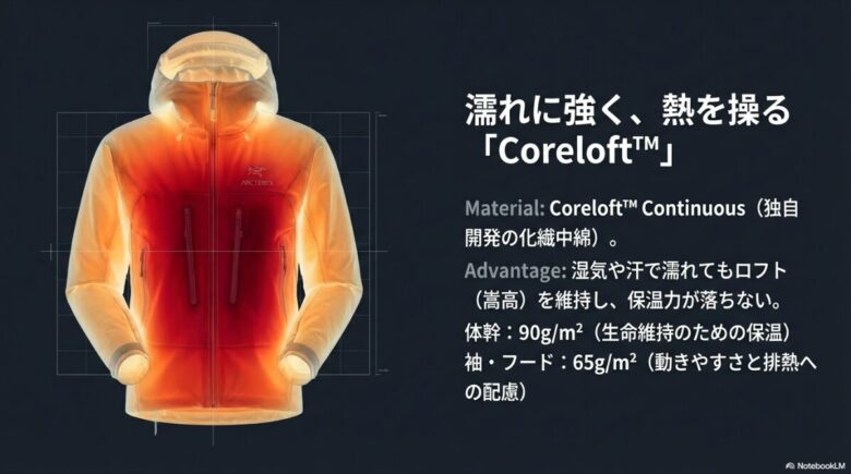 独自開発の化繊中綿コアロフトの特徴と、体幹（90g/m²）と袖・フード（65g/m²）での中綿量の使い分けを示した図解。