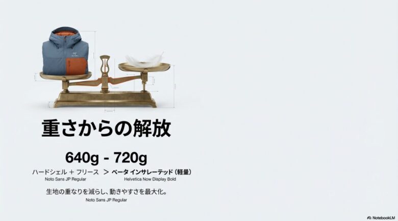 天秤を用いて、従来のレイヤリング（ハードシェル＋フリース）よりもベータ インサレーテッド（640g-720g）が軽量であることを示す比較イラスト。