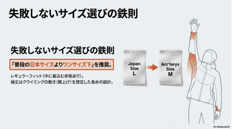 日本のLサイズがアークテリクスのMサイズに相当することを示し、腕を上げた時の袖丈の設計を解説する図。