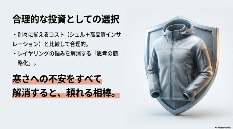 シェルとインサレーションを別々に揃えるコストとの比較や、レイヤリングの悩みを解消するメリットをまとめたスライド