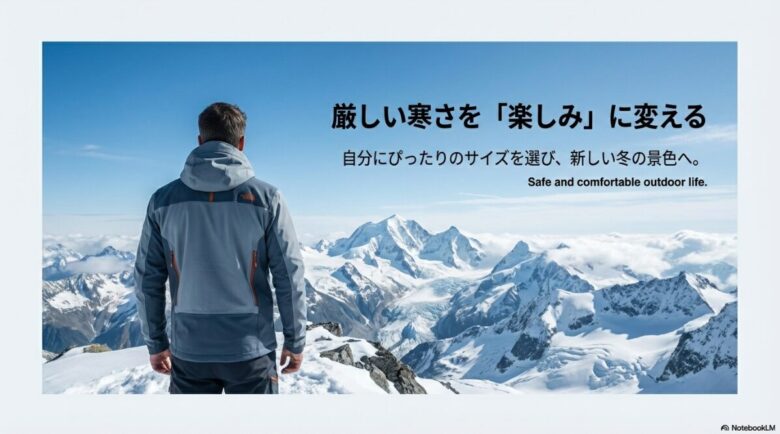 雪山と空を背景に、安全で快適なアウトドアライフを推奨するメッセージが書かれた結びのスライド。
