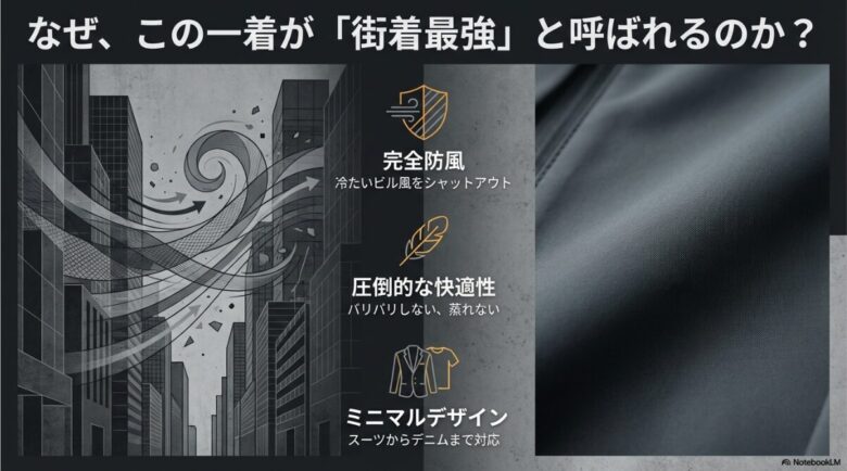 アークテリクス ソラノフーディの強みをまとめた概念図。完全防風、快適性、ミニマルデザインの3点を強調。