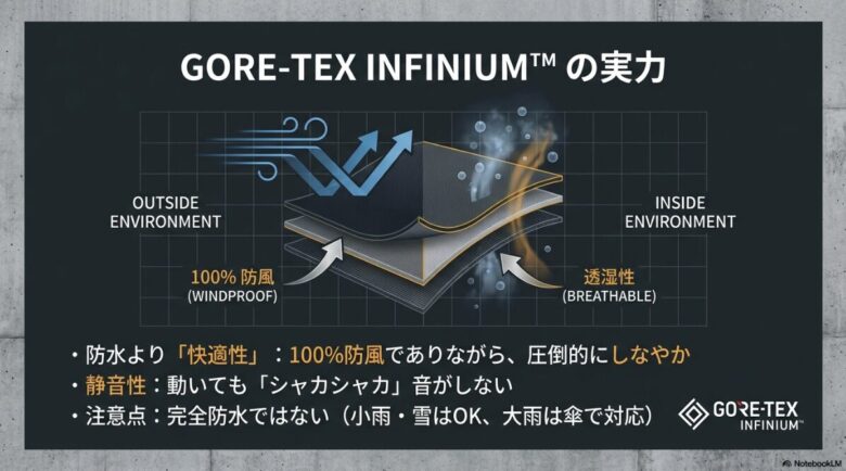 GORE-TEX INFINIUMの機能説明図。外からの風を100%防ぎ、中の湿気を逃がす仕組み。