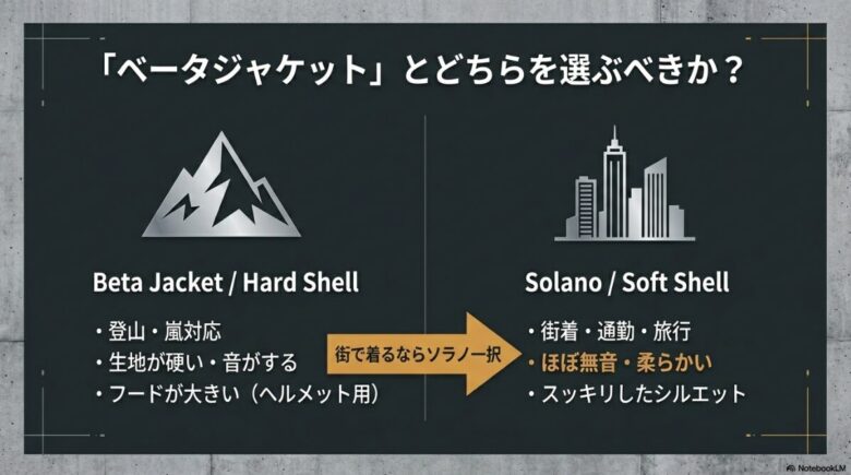 ハードシェルのベータジャケットとソフトシェルのソラノフーディの比較。街着・通勤ならソラノを推奨する図解。
