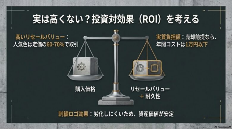 高いリセールバリューと耐久性により、実質的な年間コストが1万円以下になることを示す天秤の図。