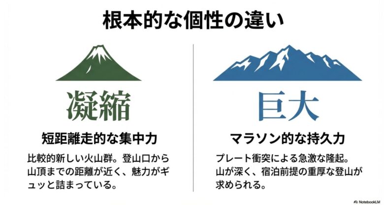 八ヶ岳の火山群（凝縮・短距離走）と南アルプスの隆起地塊（巨大・マラソン）の特性を比較した図解スライド