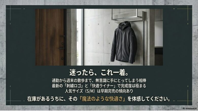 通勤から週末まで使える相棒としてのソラノフーディのまとめ。完売前の検討を促すメッセージ。