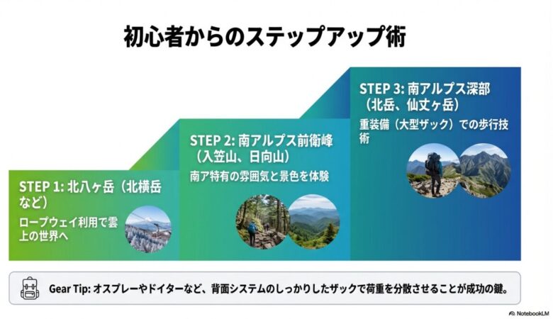 北八ヶ岳から始まり、南アルプス前衛峰、深部へとステップアップする3つの段階を示した図