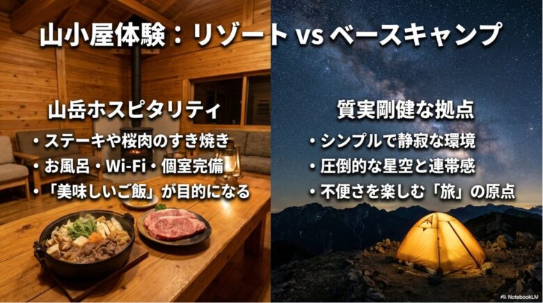 八ヶ岳の豪華な山岳ホスピタリティと、南アルプスの質実剛健な拠点スタイルを比較したスライド