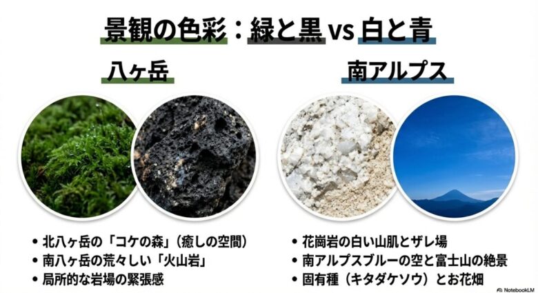 北八ヶ岳のコケの森と、南アルプスの白い山肌・高山植物の景観の違いを比較した図解