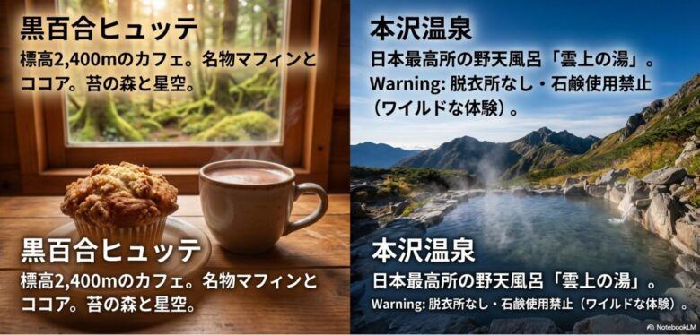 黒百合ヒュッテのカフェメニュー（マフィンとココア）の写真と、本沢温泉の野天風呂「雲上の湯」を紹介し、ワイルドな体験への注意喚起を含めたスライド画像