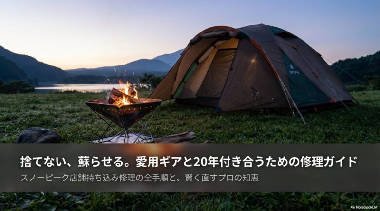 スノーピークの店舗持ち込み修理の手順と、賢く直すためのコツをまとめたスライド資料の表紙