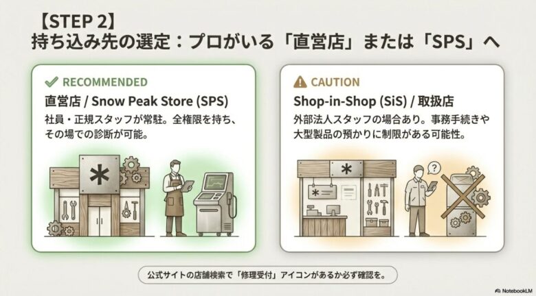 直営店・SPSとショップインショップ（SiS）の違いを比較し、修理受付アイコンの確認を推奨するイラスト