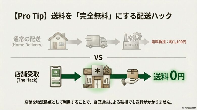 通常配送（約1,100円）と店舗受取（0円）の比較図。店舗を物流拠点として活用する節約術の紹介