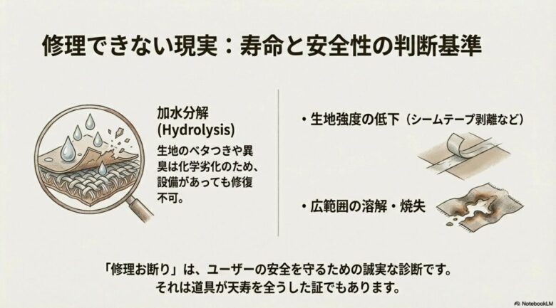 加水分解によるベタつきや異臭、広範囲の溶解など、安全性の観点から修理ができないケースの拡大図と説明