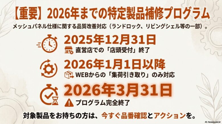 メッシュパネルの品質改善対応に関するスケジュール。2025年末の店頭受付終了と、2026年3月末の完全終了の告知
