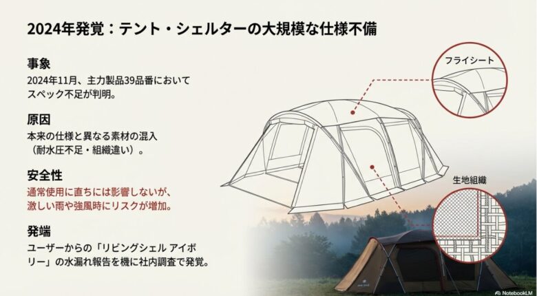 2024年11月に発覚したスノーピーク主力製品39品番のスペック不足、素材混入の原因、安全性についてまとめたスライド
