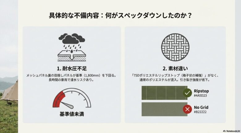 メッシュパネル裏の耐水圧基準値未満の解説と、格子状の補強（リップストップ）がない通常のポリエステル素材が混入した事図解