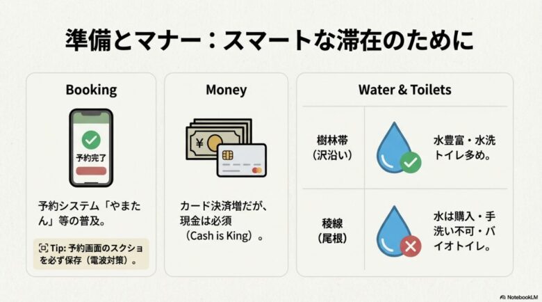 予約完了画面、現金、水滴のアイコンを使用し、WEB予約システム「やまたん」の活用法や、エリアごとの水・トイレ事情の違いを整理したスライド画像
