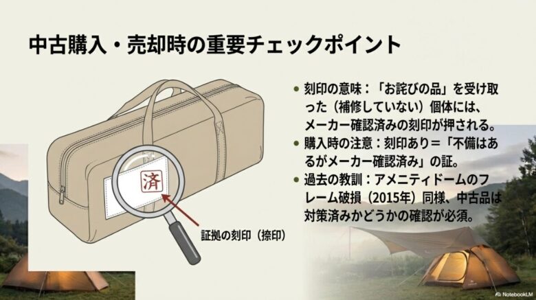 お詫びの品を受け取った個体に押されるメーカー確認済みの「済」刻印の画像と、中古購入時の注意点