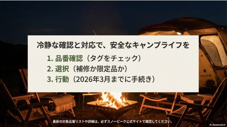 品番確認、対応の選択、2026年3月までの行動という、リコール対応のまとめを3ステップで示したスライド