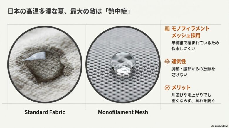 高温多湿な日本の夏に対応するモノフィラメントメッシュの図解。単繊維で編まれているため保水しにくく放熱を妨げないメリットの解説