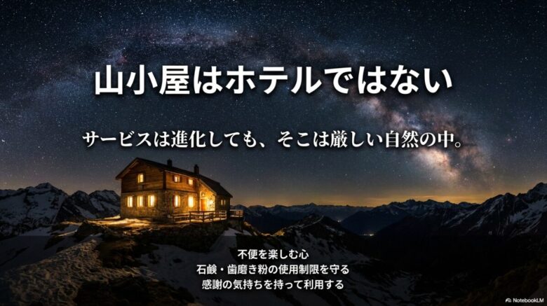「山小屋はホテルではない」というメッセージと共に、不便を楽しむ心、石鹸使用の制限、感謝の気持ちなど、自然の中でのマナーを箇条書きにしたスライド画像