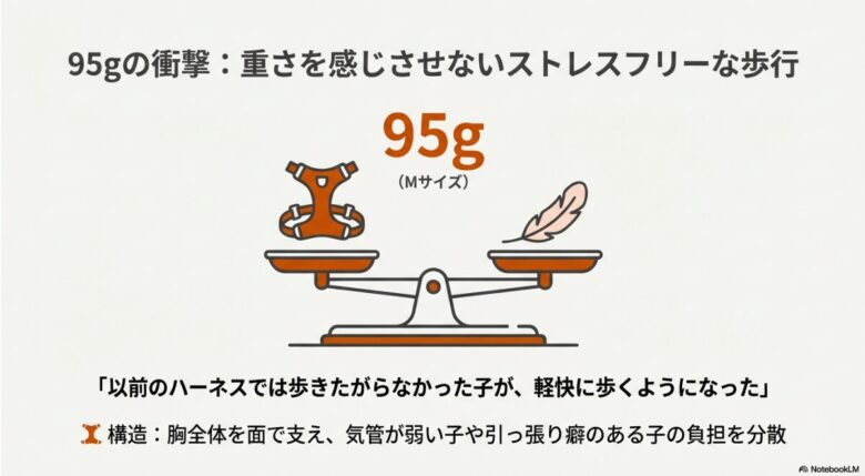 天秤に乗ったモンベルのハーネスと羽が釣り合っているイラスト。Mサイズ95gという軽さと、気管への負担を分散する構造の解説。