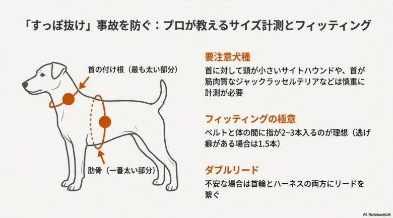 犬のイラストを用いたサイズ計測箇所の図解。首の付け根と肋骨の最も太い部分を測る方法や、指2〜3本入るフィット感、ダブルリードの使用例