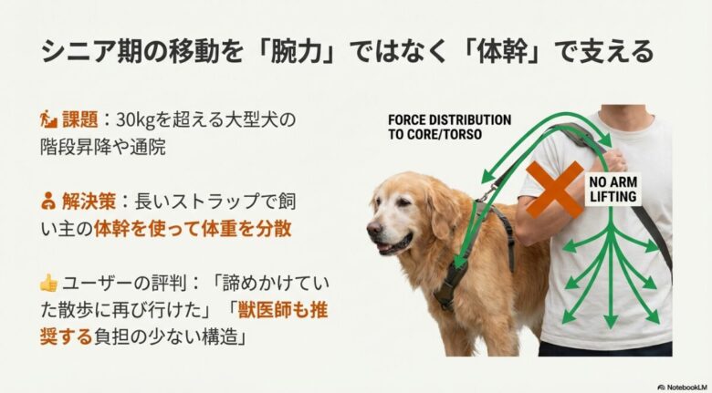 大型犬をストラップで支える図解。腕で持ち上げるのではなく、飼い主の肩と体幹を使って体重を分散し、犬の体への負担も少ない構造
